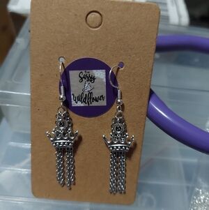 Silver Crown and Chain Earrings